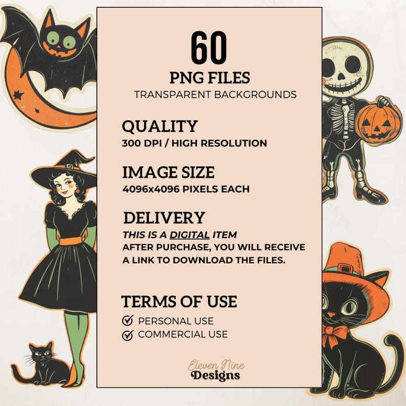 Puede incluir: Una colecci&oacute;n digital de 60 archivos PNG con fondos transparentes, que incluye ilustraciones de un murci&eacute;lago, una bruja, un esqueleto con una calabaza y un gato negro, con texto que detalla una resoluci&oacute;n de 300 DPI y 4096x4096 p&iacute;xeles.
