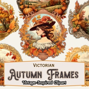 Könnte beinhalten: Fünf Vintage-Rahmen mit herbstlichen Szenen. Jeder Rahmen zeigt ein anderes Bild, darunter eine Frau mit Hut, eine Waldszene, ein Schloss und einen See. Die Rahmen sind mit Herbstblättern verziert und haben eine viktorianische Ästhetik.