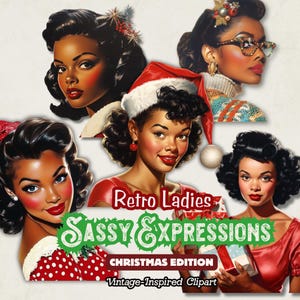 Retro Vintage 1950er Jahre Clipart, schwarze Frauen Weihnachten Hausfrau Clipart, Papierpuppe PNG, schwarzes Mädchen Sublimation digitaler Download