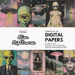 以下が含まれることがあります： エイリアンをテーマにしたデジタルペーパーのコラージュ。エイリアン、惑星、UFOの画像が特徴です。「Alien Nightmares」の文字が様式化されたフォントで表示されています。ペーパーのサイズは21.59 x 27.94 cmで、300 DPIの高解像度です。