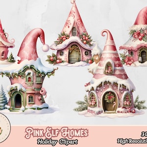 May include: Five pink and white elf houses with snow-covered roofs and candy cane details. The houses are decorated with holly, flowers, and other festive details.  Pink Elf Homes Holiday Clipart 300 DPI High Resolution Quality