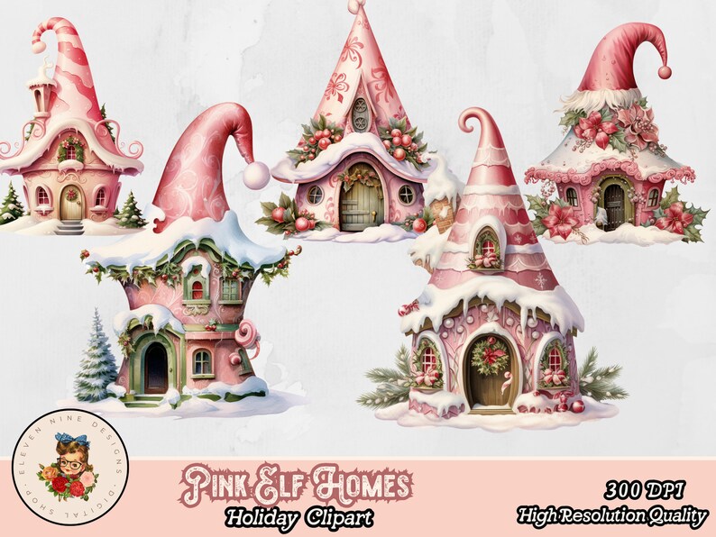 May include: Five pink and white elf houses with snow-covered roofs and candy cane details. The houses are decorated with holly, flowers, and other festive details.  Pink Elf Homes Holiday Clipart 300 DPI High Resolution Quality