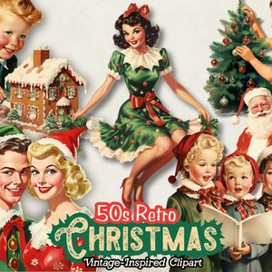 Clipart retrô dos anos 1950, dona de casa de Natal PNG, uso comercial para diários de scrapbooking, paperdoll vintage, download digital clipart