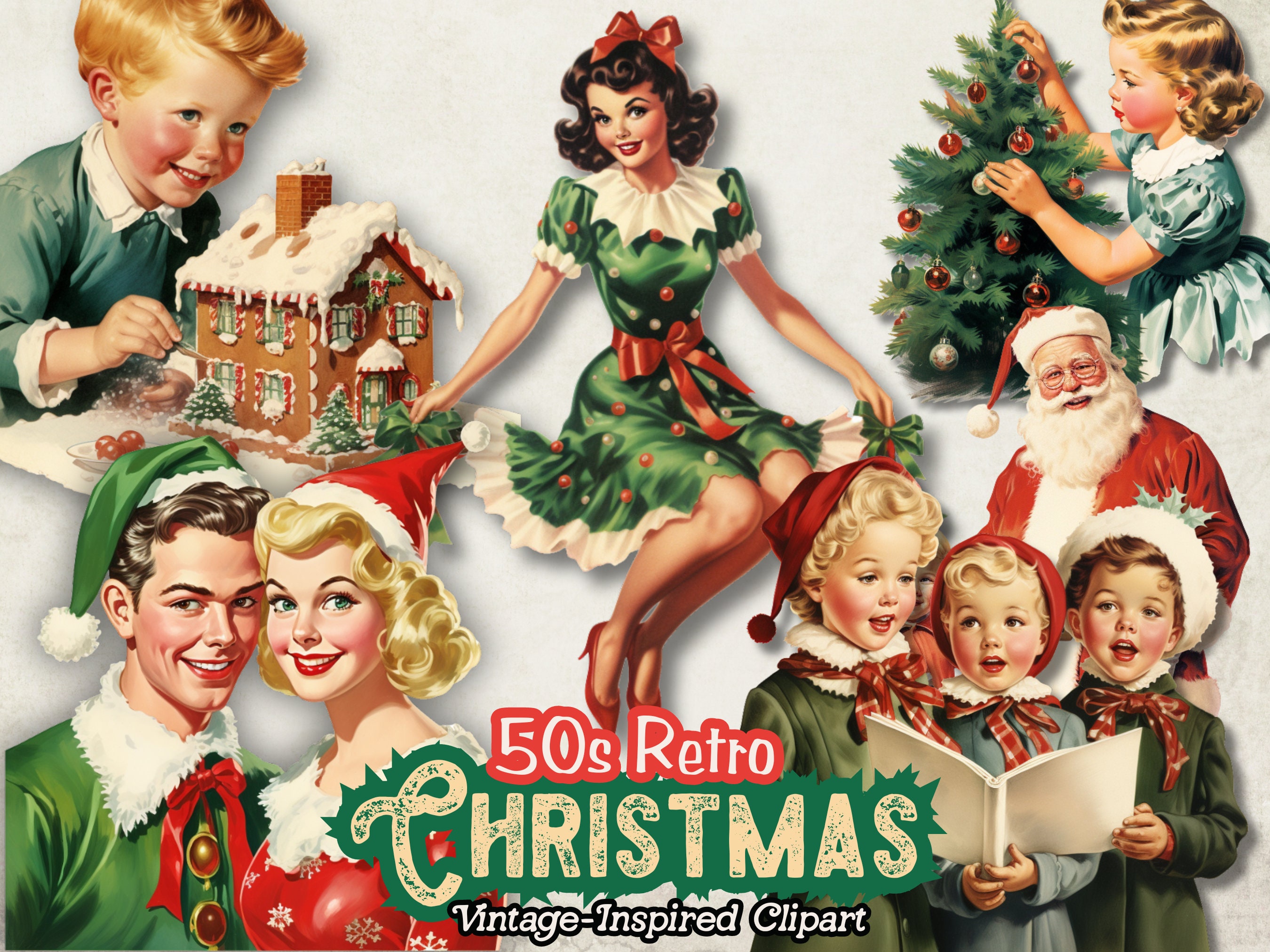 Retro 1950s Clipart, Christmas Housewife PNG,  Commercial Use for Scrapbooking Journals, Vintage Paperdoll, Digital Download Clipart
