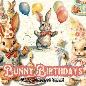 Anniversaire Bunny Clipart, Lapin de Pâques PNG, Anniversaire Clipart, Mignon Pâques Clipart, Bunny Digital Download, vintage Rétro Pâques PNG,