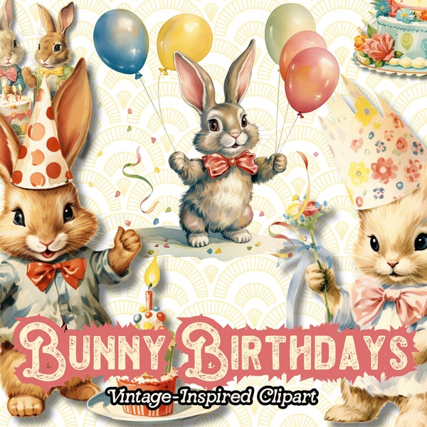 Birthday Bunny Clipart, Easter Bunny PNG, Birthday Clipart, Cute Easter Clipart, Bunny Digital Download, Vintage Retro Easter PNG,