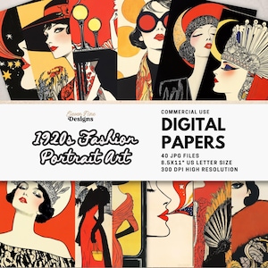 Puede incluir: Colección de papeles digitales con retratos de moda de los años 1920. La obra de arte presenta a mujeres en estilo art déco con colores llamativos. Los papeles miden 21,59 cm x 27,94 cm y tienen alta resolución.