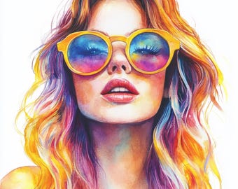 Fashion Portrait Clipart, Watercolor Faces, Edgy Fashion Clipart, Colorful Punk Pop Art Printable, Journal, Paper Craft JPG Digital Download