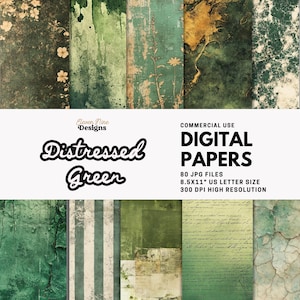 May include: A collection of distressed green digital papers with various textures and patterns. The image includes text that reads "Distressed Green" and "Digital Papers". The papers are 8.5x11 inches in size and are high resolution.