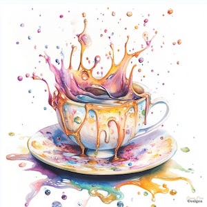 Clipart de tazas de té, tazas de té con salpicaduras de acuarela JPG, arte de taza de fantasía colorida, tazas de té imprimibles, para manualidades de papel para álbumes de recortes de diario basura