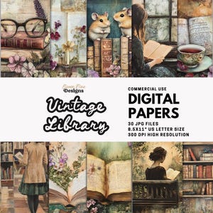 Carta digitale Vintage Library / Pagine stampabili libresche / Ephemera di Junk Journal / Fogli collage per amanti dei libri / Set per ragazze letterarie che leggono