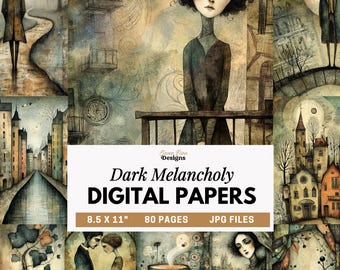 Dark Melancholy Digital Papers, Sad Art Prints, Moody Vintage Collage Backgrounds, Gothic Art Pages, Surreal Portraits, Junk Journal Paper