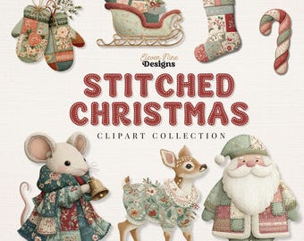 Imágenes prediseñadas navideñas con bordados falsos, gráficos navideños cosidos, PNG de patchwork, ilustraciones navideñas acolchadas, imprimibles acogedores para el invierno.