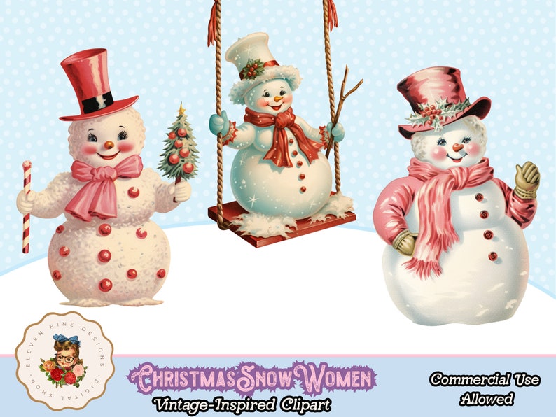 Christmas Snowmen Digital Clipart, Cute Snowmen Clipart PNG, Vintage ...