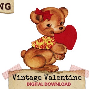 Teddy bear Valentine Clipart, Retro Valentine PNG, Valentine Digital Download, Valentine Image, Vintage Valentine PNG, Valentine Bear PNG