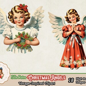 May include: Two vintage illustrations of Christmas angels. The angel on the left is wearing a white dress with a red bow in her hair and holding a holly wreath. The angel on the right is wearing a red dress with white stars and has her hands clasped in prayer.