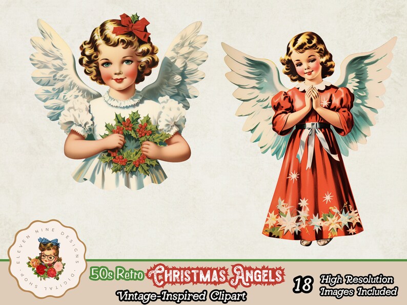 May include: Two vintage illustrations of Christmas angels. The angel on the left is wearing a white dress with a red bow in her hair and holding a holly wreath. The angel on the right is wearing a red dress with white stars and has her hands clasped in prayer.