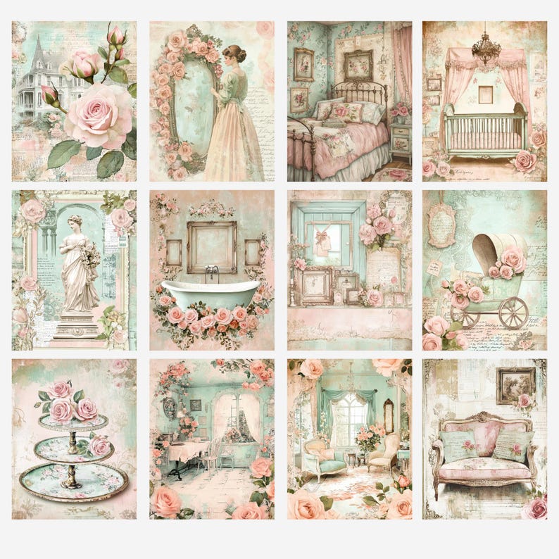 Shabby Chic Rose Digital Papers, Vintage Rose Scrapbook Paper, Romantic ...