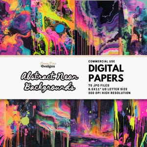 Abstract Neon Digital Paper, Bright Grunge Paint Backgrounds, Mixed Media Collage for Scrapbooking, Psychedelic Art Journal Pages Printable