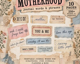Motherhood Journal Words, Vintage Mom Ephemera, Junk Journal Printable, Scrapbook Phrases, Family Memory Journal, Digital Download