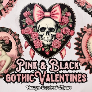 Clipart de San Valentín gótico, Calavera San Valentín PNG, Amor gótico San Valentín Descarga digital, Esqueleto de San Valentín, Corazones negros del Día de San Valentín