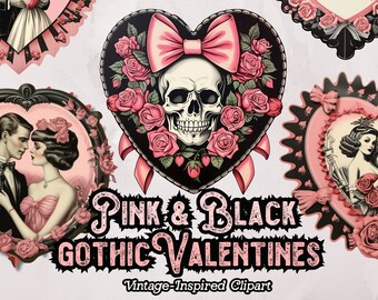 Gothic Valentines Clipart, Skull Valentine PNG, Gothic Love Valentine Digital Download, Skeleton Valentines, Black Valentines Day Hearts