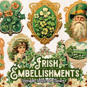 Può includere: Clipart irlandese di ispirazione vintage con illustrazioni di trifogli, fiori, un folletto, una ragazza e un paesaggio. Il testo "Irish Embellishments" e "Vintage-Inspired Clipart" è incluso nell'immagine.