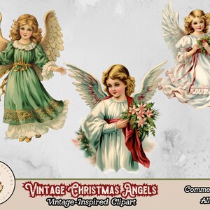 May include: Three vintage Christmas angels with wings, each holding a different holiday decoration. The angel on the left is wearing a green dress and holding a sprig of holly. The angel in the center is wearing a white dress and holding a bouquet of pink flowers. The angel on the right is wearing a white dress and holding a sprig of holly.