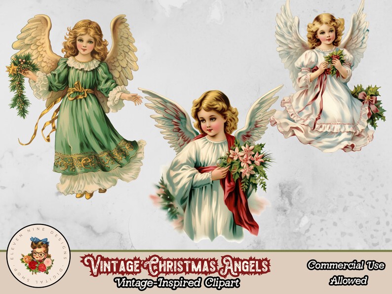 May include: Three vintage Christmas angels with wings, each holding a different holiday decoration. The angel on the left is wearing a green dress and holding a sprig of holly. The angel in the center is wearing a white dress and holding a bouquet of pink flowers. The angel on the right is wearing a white dress and holding a sprig of holly.