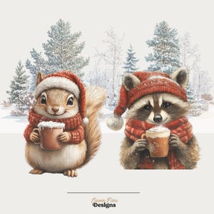 May include: An illustration of a squirrel and a raccoon, both wearing red winter hats and scarves, holding mugs of hot chocolate. The background depicts a snowy forest. The text "Eleven Nine Designs" is at the bottom.