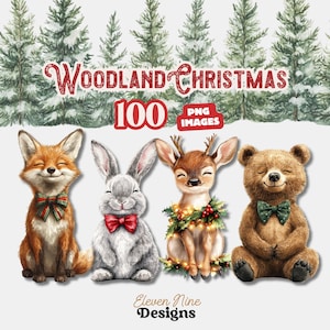 Bundle de cliparts de Noël des bois - PNG d'animaux de la forêt mignons dans des pulls d'hiver, art des vacances cosy Cottagecore pour sublimation et travaux manuels