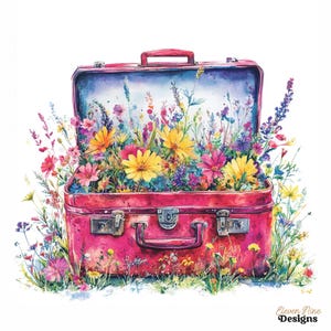 Puede incluir: Ilustración en acuarela de una maleta roja vintage rebosante de flores coloridas. La maleta abierta revela una vibrante variedad de flores amarillas, rosas y moradas. La imagen tiene un estilo artístico y caprichoso.