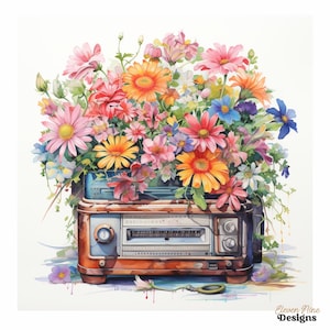 Puede incluir: Ilustración en acuarela de una radio vintage rebosante de flores coloridas. La radio es de color naranja óxido con una parte superior azul, y las flores son una mezcla de rosa, naranja, amarillo y azul. La imagen tiene un aspecto suave y artístico.