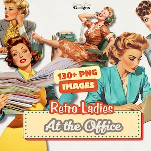 レトロなオフィス女性クリップアート、レトロヴィンテージ1950年代クリップアート、皮肉な主婦PNG、デジタルダウンロードクリップアート、POD用、名言集、ペーパークラフト