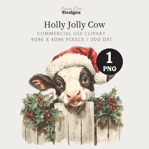 Christmas Cow PNG Digital Download, Cute Cow Clipart, Holiday Clip Art, Farm Animal Graphic, Festive Cow Illustration, Fence Cow PNG