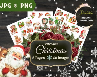 May include: Vintage Christmas printable clipart set with 60 images on 6 pages. The images feature Santa Claus, reindeer, Christmas trees, and other holiday decorations. The images are in a vintage style with a red, green, and white color scheme.