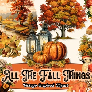 Vintage Fall Clipart, Autumn PNG, Commercial Use for Scrapbooking Journals, Digital Download Halloween Retro Fall Decor Clipart