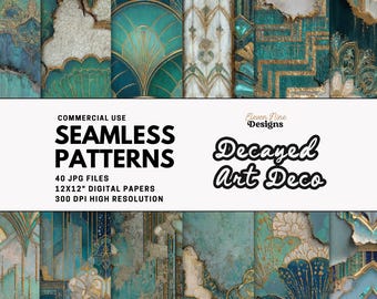 Carta digitale Art Déco decadente, motivi Art Déco grunge verde acqua senza soluzione di continuità, texture oro antico, JPG stampabili, carta per scrapbooking 12x12