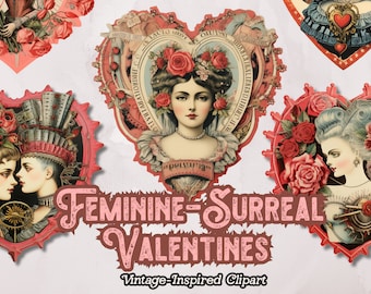 Vintage Valentines Clipart, Surreal Art PNG, Women Valentine Digital Download, Gothic Valentines, mixed media, Commercial Use