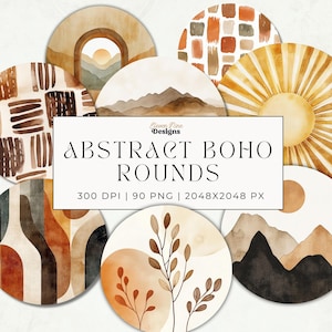 May include: A selection of abstract boho round designs in warm earth tones. The designs feature watercolour illustrations of landscapes, arches, and geometric patterns. The text "ABSTRACT BOHO ROUNDS" is displayed on a white rectangle.