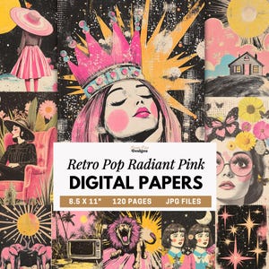 Peut inclure: Une collection de papiers numériques présentant des illustrations pop art rétro en rose, jaune et noir. Les motifs incluent une figure couronnée, une maison, un lion, des fleurs et des astres avec le texte Retro Pop Radiant Pink DIGITAL PAPERS.