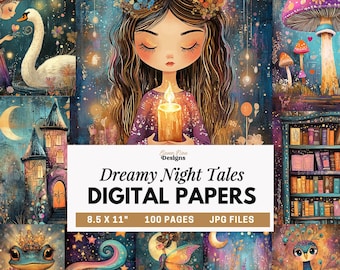 Fantasy Digital Paper, Fairy Junk Journal Pages, Whimsical Scrapbook Paper, Dreamy Night Tales Printable, Magical Art Journal Printable