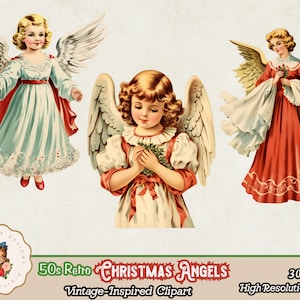 May include: Three vintage Christmas angels with wings, each wearing a white dress with red accents and holding a bouquet of holly. The angels have blonde hair and are depicted in a whimsical style.