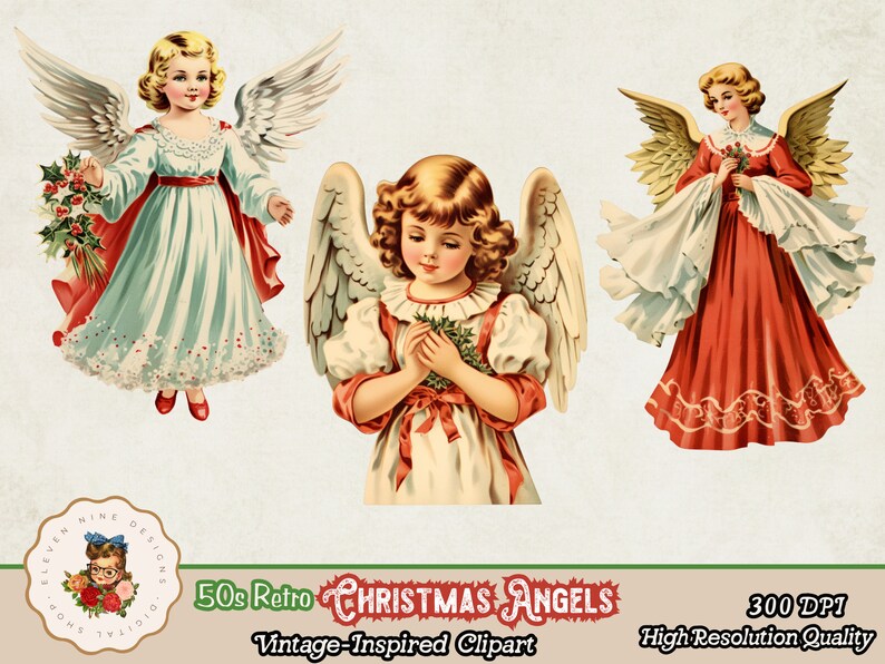 May include: Three vintage Christmas angels with wings, each wearing a white dress with red accents and holding a bouquet of holly. The angels have blonde hair and are depicted in a whimsical style.