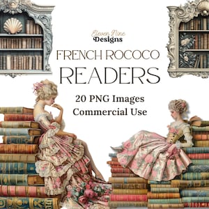 フランスのロココ調読書女性クリップアート、歴史書アート、書籍 PNG、アンティークファッション デジタルダウンロード、ヴィンテージ本愛好家イラスト