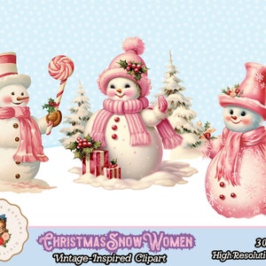 Christmas Snowmen Digital Clipart, Cute Snowmen Clipart PNG, Vintage ...
