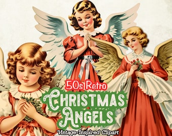 Clipart de anjo de Natal, anjo de Natal PNG, download digital de anjo vintage, clipart retrô de Natal PNG, coisas efêmeras de Natal vintage