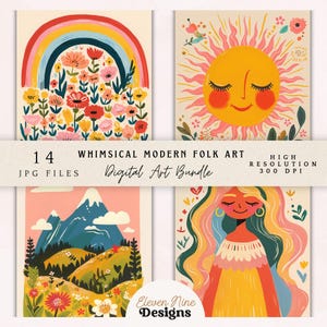Puede incluir: Un conjunto de 14 ilustraciones digitales en un estilo de arte popular caprichoso. Las ilustraciones presentan un arcoíris con flores, un sol sonriente con los ojos cerrados, un paisaje de montaña y una mujer con el pelo largo y un vestido amarillo. Las ilustraciones son de alta resolución y 300 DPI.