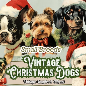 Cães de Natal PNG clipart, filhotes de Natal clipart, raças de cães pequenos, buldogue francês PNG, chihuahuas, gráficos para artesanato em papel, design