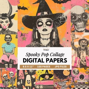 May include: A collage of spooky pop art images with a witch, a skull with sunglasses, and other Halloween-themed characters. The text "Spooky Pop Collage DIGITAL PAPERS" is displayed on a white banner. The digital papers are 8.5 x 11 inches and include 100 pages.